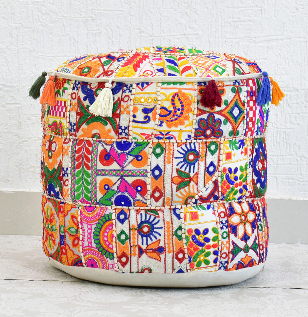 Gwen Pouffe/Ottoman Gujrati Rajmodi Patchwork - White - Image 5